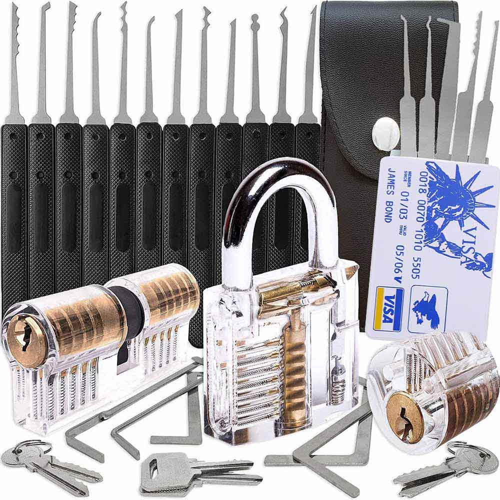 25 Pieces Lock Picking Kit W/3 Transparent Training Lock,5 PCS Credit Card Lock Picking Kit,17 PCS Stainless Steel Lock Picking Kit,Exercise Guide