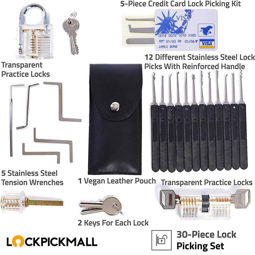 25 Pieces Lock Picking Kit W/3 Transparent Training Lock,5 PCS