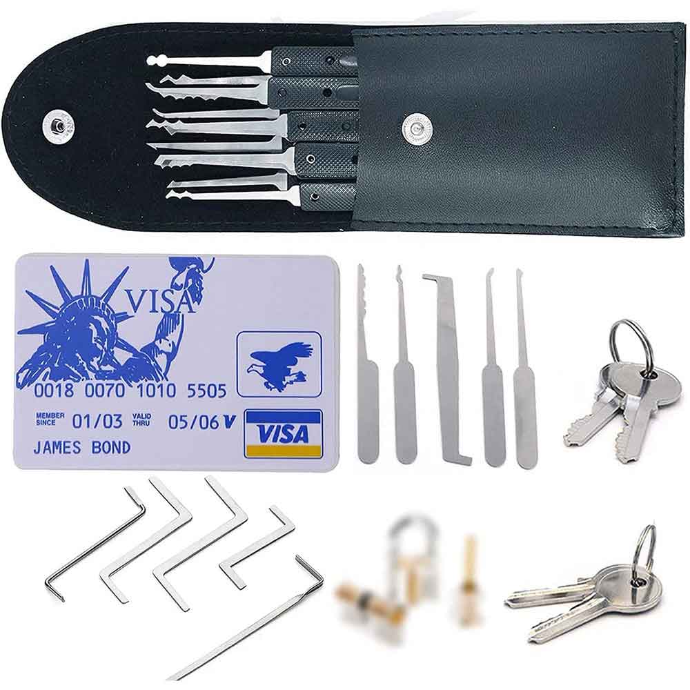 25 Pieces Lock Picking Kit W/3 Transparent Training Lock,5 PCS Credit Card  Lock Picking Kit,17 PCS Stainless Steel Lock Picking Kit,Exercise Guide