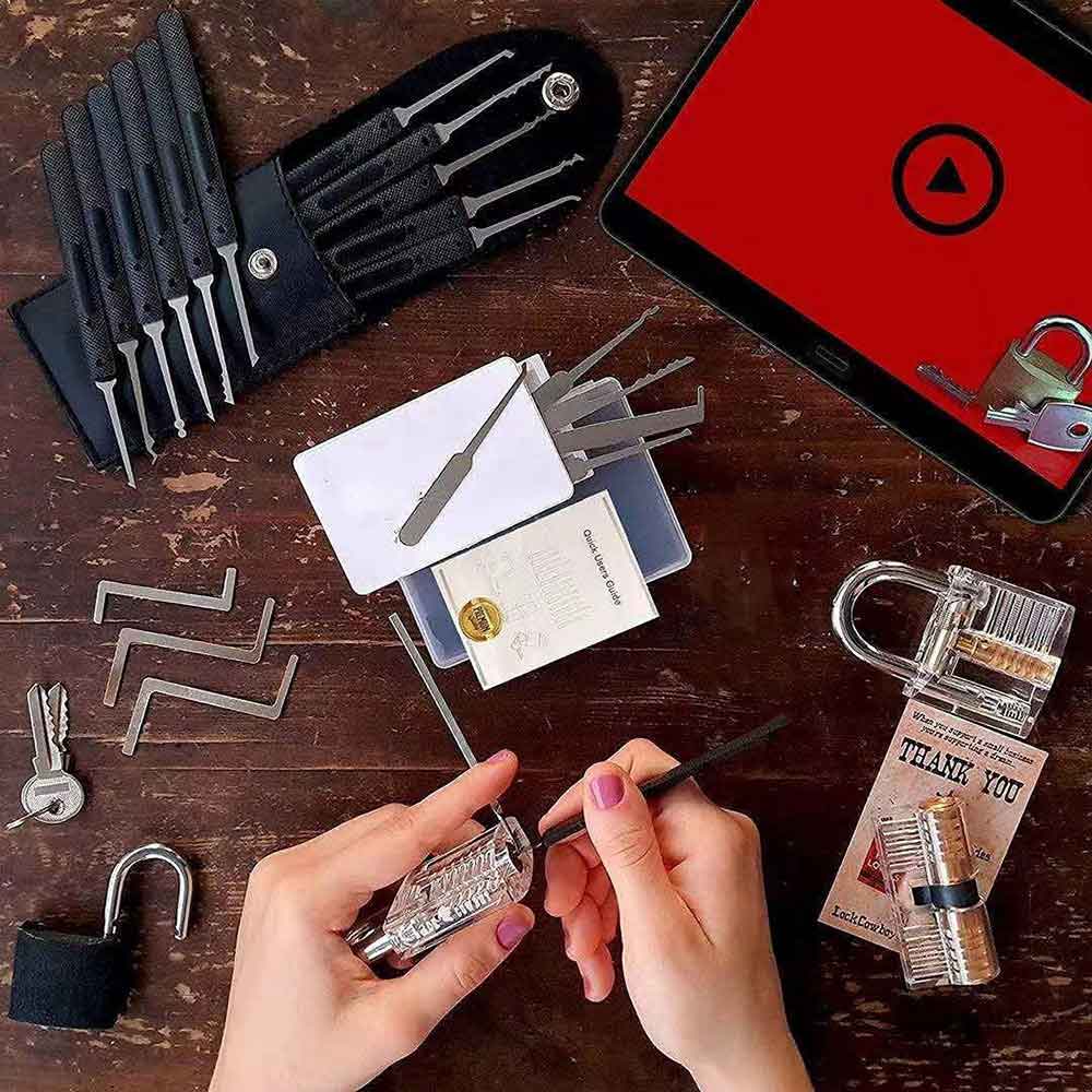 25 Pieces Lock Picking Kit W/3 Transparent Training Lock,5 PCS Credit Card Lock  Picking Kit,17 PCS Stainless Steel Lock Picking Kit,Exercise Guide