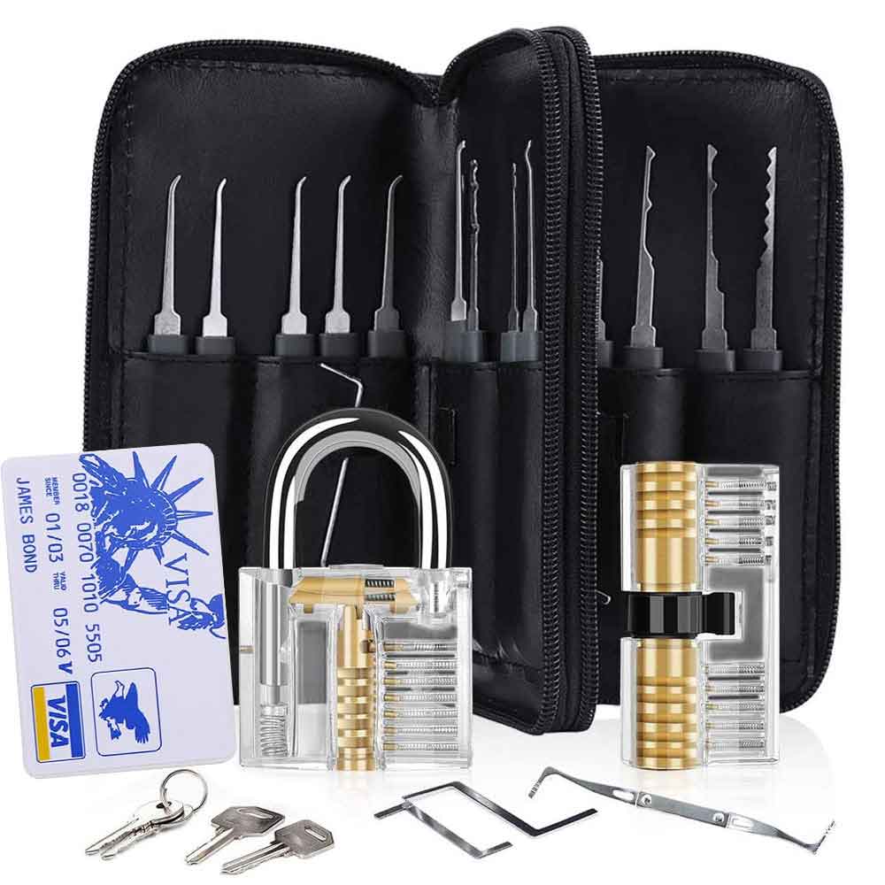 31 Pieces Lock Pick Set w/2 Transparent Training Lock,24 PCS Stainless Steel Lock Picking Kit,5 PCS Credit Card Lock Picking Kit,Exercise Guide