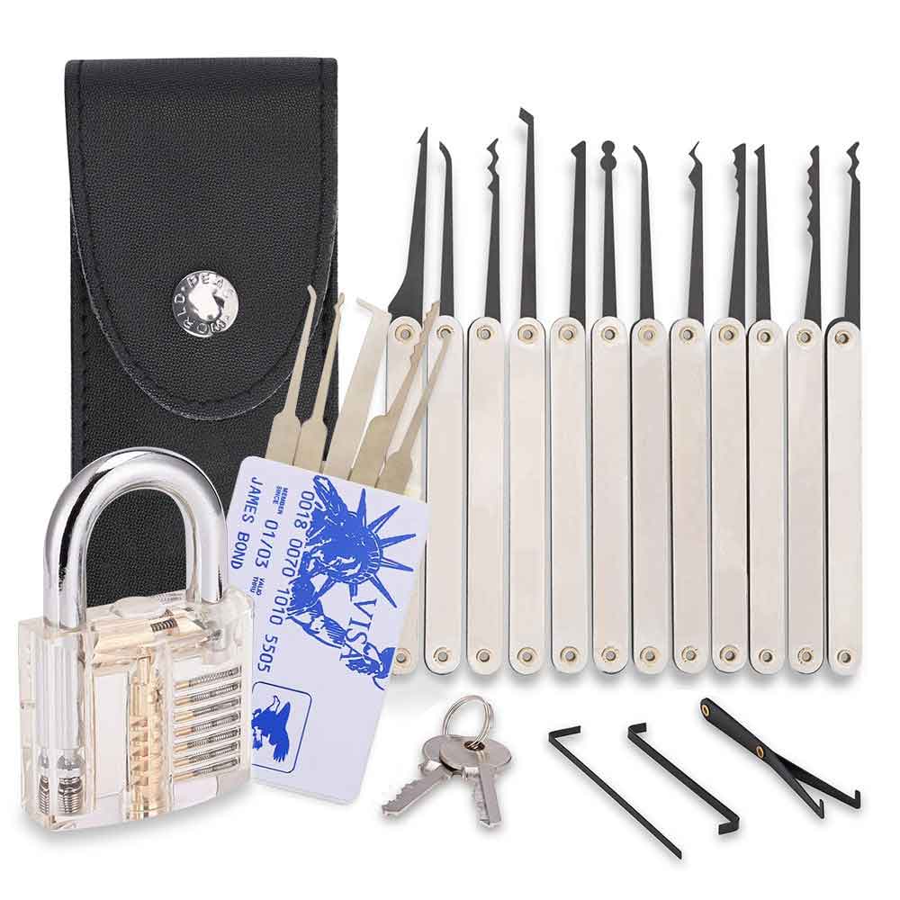 Beginners & Professional 21 Pieces Lock Pick Set w/1 Transparent Training Lock,15 PCS Stainless Steel Lock Picking Kit,5 PCS Credit Card Lock Picking Kit,Exercise Guide