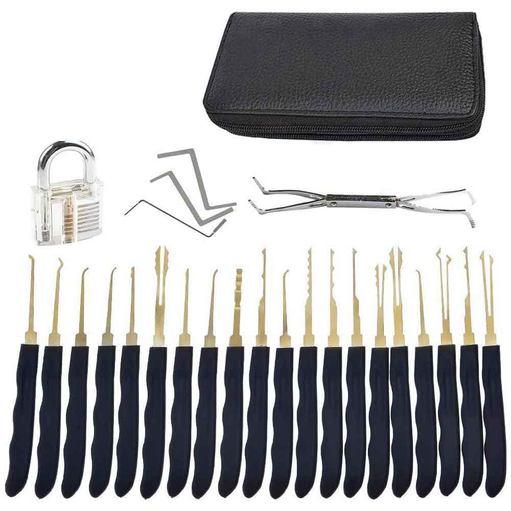 24 Pieces Lock Pick Tool Kit and 2 Transparent Practice Locks