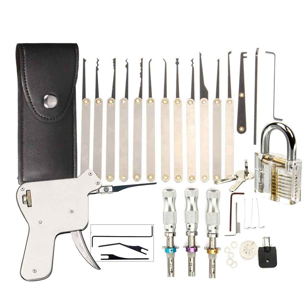 15 Pieces Lock Pick Sets + Lock Pick Gun + Clear Training Lock + Locksmith Tools