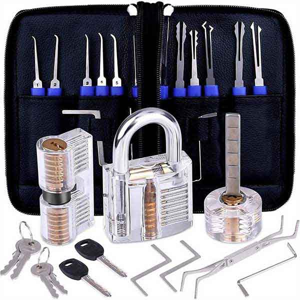 17 Pieces Lock Pick Set Kit Tool With Transparent Practice Training Lock