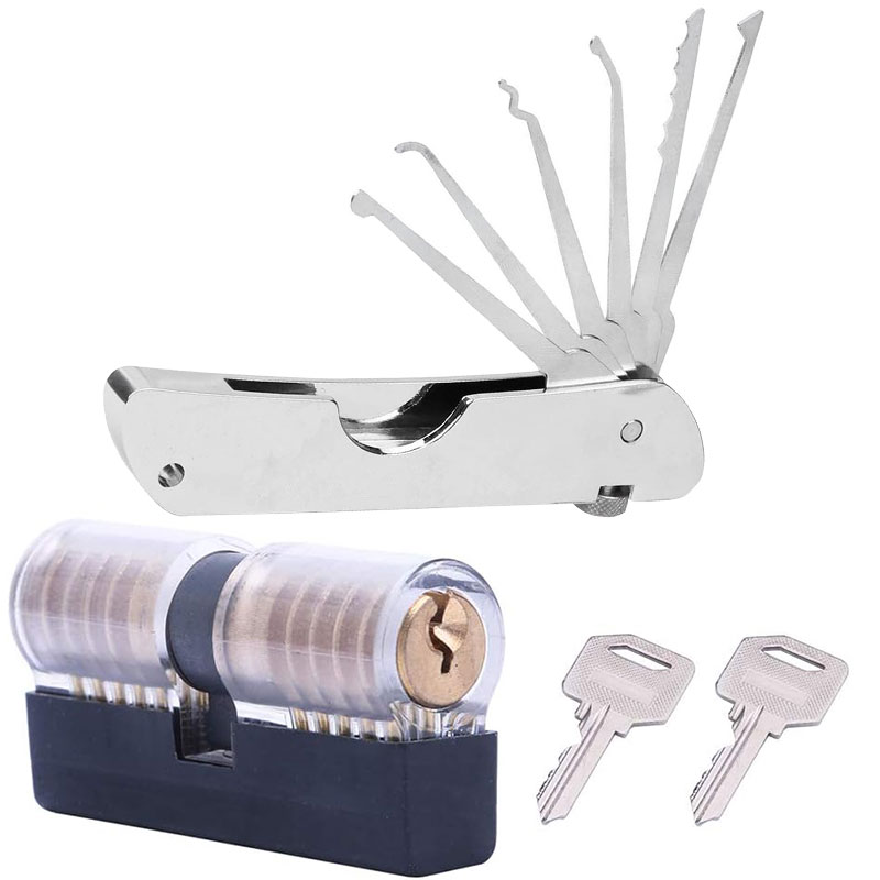 7-in-1 Jackknife Lock Pick Tool with Transparent Double-sided Practice Lock
